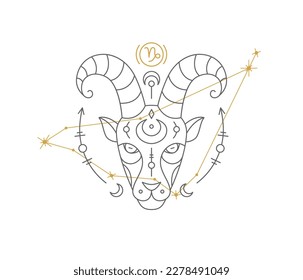 Capricorn astrological symbol with Zodiac constellation, connected stars. Goat astrology horoscope sign and stars on white background thin line vector illustration