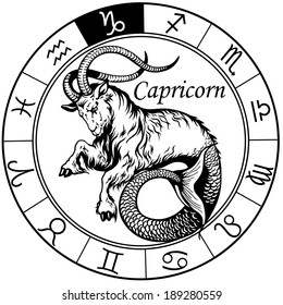 capricorn astrological zodiac sign, black and white tattoo image