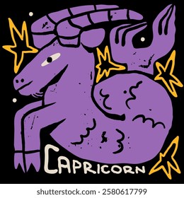 Capricorn astrological zodiac sign. Cartoon unique modern style. Horoscope, zodiac Constellation. Hand drawn trendy Vector illustration. Magic, witchcraft, astrology concept. Isolated design element