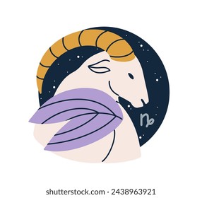 Capricorn, astrological zodiac sign. Horned goat animal, horoscope symbol, star sky. Capricornus, celestial esoteric sticker, icon. Flat graphic vector illustration isolated on white background