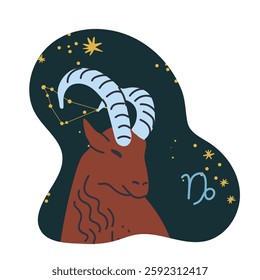 Capricorn, astrological zodiac sign. Horned goat animal, horoscope symbol, star sky. Capricornus, celestial. Hand drawn vector illustration.