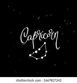 Capricorn. Astrology lettering collection zodiac sign with  Constellation Stars  White  on  Black  Background - Vector modern Graphic Design. Zodiak theme for International Astrology Moon, or sun star