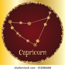 Capricorn. Astrology sign. Vector zodiac. Gold snowflakes