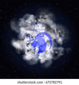 Capricorn Astrology zodiac constellation on smoke against a background of a sky full of stars.