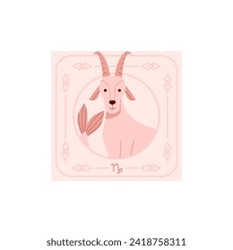 Capricorn, astrology zodiac sign on pink card, cartoon style vector on white white background. Astrological symbol of animal, cute picture symbolizing zodiac sign and horoscope.