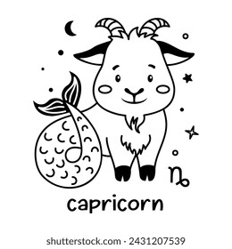 Capricornio bebé signo del zodiaco, diseño lindo del vector del horóscopo de los niños, clipart astrológico adorable para los niños.