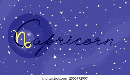 Capricorn. Beautiful inscription. Zodiac sign. On a dark blue starry background. Astrology and horoscopes concept. Vector illustration.