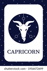 Capricorn card icon.Tenth fire sign in zodiac.Goat birth symbol.Mystic horoscope card template.Flyer,magazine, poster,booklet.Astrological science infographic concept