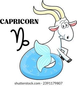Capricorn Cartoon Character Horoscope Zodiac Sign. Vector Hand Drawn Illustration Isolated On Transparent Background