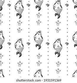 Capricorn cats black and white vector illustration. Seamless pattern,