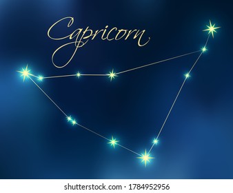 Capricorn constellation astrology vector illustration. Stars in dark blue night sky. Capricorn zodiac constellations sign beautiful starry sky. Capricorn horoscope symbol made of gold stars and lines