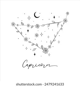 Capricorn constellation with Hand drawn doodle flowers, leaves, florals and stars. Vector art, graphic illustration clipart. This illustration is a beautiful and creative representation of Capricorn