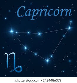 Capricorn constellation with stars, zodiac sign on starry sky. Astronomy, astrology, horoscope. Science banner. Cosmos, outer space. Tenth zodiac sign - the ruler planet Saturn. Vector illustration