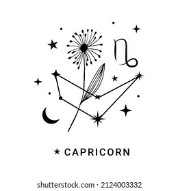 Capricorn constellation zodiac sign with flower, moon and stars