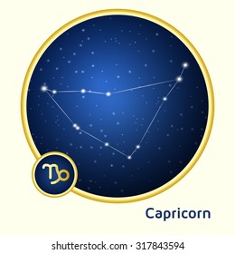 Capricorn constellation zodiac sign in golden circle at starry night sky 