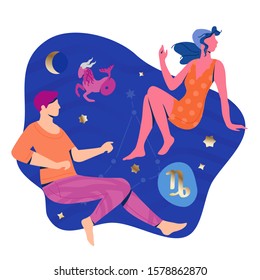 Capricorn couple zodiac and horoscope concept. Modern vector art with young couple. Illustration for horoscope and astrology apps, dating websites, astrology predictions.