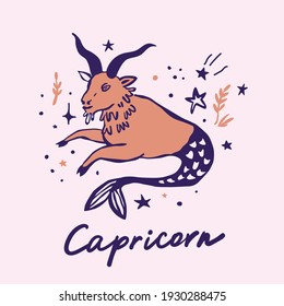 Capricorn. Cute astrological illustration.  zodiac sign cute whimsical flat astrological art illustration