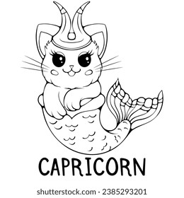 Capricorn cute cartoon astrology sign of the zodiac cat. Character in kawaii style. Vector illustrations in hand drawn sketch style isolated on white. Black outline graphic. Funny cat horoscope