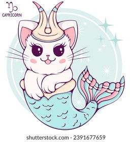 Capricorn cute cartoon astrology sign of the zodiac cat. Pet character in kawaii style. Vector illustrations in hand drawn flat style on round background. Funny cat horoscope