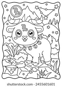 Capricorn, cute goat. Kawaii. Cute characters. Coloring page, page, book, black and white vector illustration.