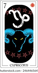 Capricorn. Divination card design with goat head surrounded by stars.