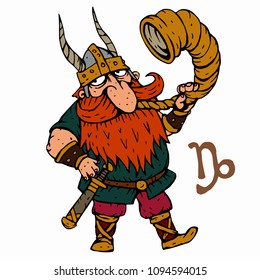 Capricorn. Funny Viking zodiac sign, horoscope symbol . Vector illustration cartoon style character. Isolated object