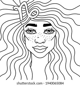 Capricorn girl portrait adult coloring book. Zodiac sign. Black and white vector illustration.