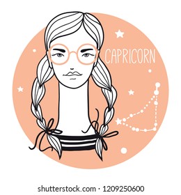 Capricorn girl. Sketch style woman with zodiac sign. Stars, astrological, constellation, beauty, female. Hand drawn vector illustration for prints, stickers, cards. 