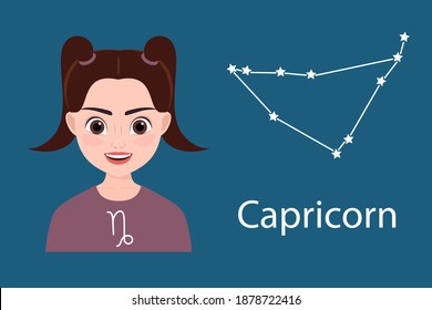 capricorn. girl as a zodiac sign, astrological symbol and constellation. vector illustration.