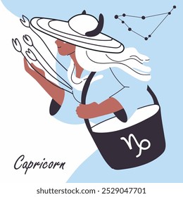 Capricorn girl, zodiac sign. Charming woman in a hat, carrying a bag, horoscope avatar with cosmic astrological constellation. Trendy girl, astrology character. Flat vector illustration , hand drawn.