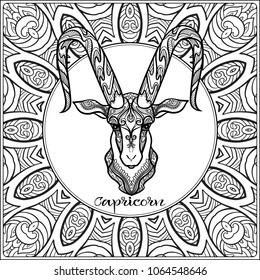 Capricorn, goat. Decorative zodiac sign on pattern background. Outline hand drawing. Good for coloring page for theÂ adult coloring book Stock vectorÂ illustration.