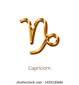 Capricorn golden zodiac sign isolated on white background. Star sign for astrology horoscope. Luxury zodiac stylized symbol. Realistic gold design of horoscope constellation sign vector illustration.