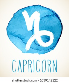 Capricorn hand drawn Zodiac sign illustration over light blue watercolor circle. Vector graphic astrology symbol design element isolated over white.