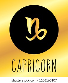 Capricorn hand drawn Zodiac sign illustration. Vector graphic astrology symbol design element in black circle over golden background.