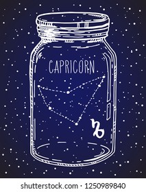 Capricorn hand drawn Zodiac sign constellation in a mason jar. Vector graphics astrology illustration. Western horoscope mystic symbol over starry night sky.