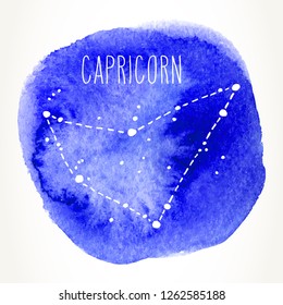 Capricorn hand drawn Zodiac sign constellation over blue watercolor circle. Vector graphics astrology illustration. Western horoscope mystic symbol isolated over white.