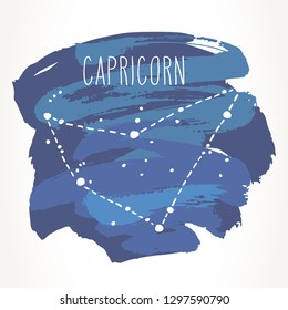 Capricorn hand drawn Zodiac sign constellation over blue paint strokes. Vector graphics astrology illustration. Western horoscope mystic symbol isolated over white.