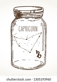 Capricorn hand drawn Zodiac sign constellation in a mason jar. Vector graphics astrology illustration. Western horoscope mystic symbol isolated over white.