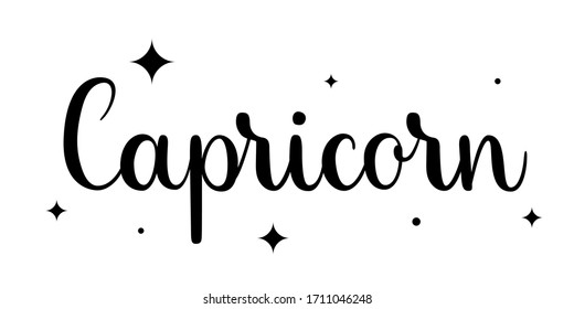 Capricorn. Handwritten name of sign of zodiac. Modern brush calligraphy style. Black vector text isolated on white background with star elements