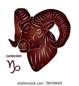 Capricorn head with brown gradient, silhouette on white background, vector