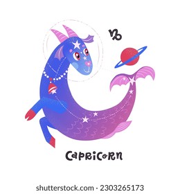 Capricorn horoscope character with zodiac sign and handlettering. Cute vector illustration EPS 10.