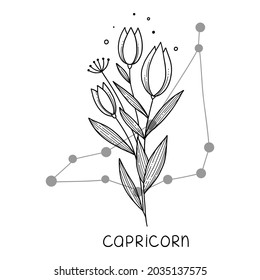 Vector de contorno de flor del horoscopio capricornio. Astrología del signo zodiaco. Flor de horoscopio de tatuaje