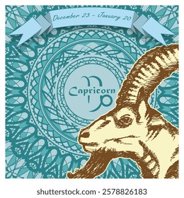 Capricorn horoscope sign on an openwork background with a ribbon on top and dates. Mix of styles. Poster, decorative panel or other. Vector illustration