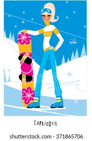 Capricorn horoscope sign as snowboarder girl. Winter sport. Fashion woman with snowboard.