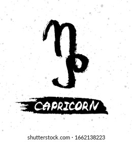 Capricorn horoscope sign, symbol, zodiac sign. Hand drawn vector illustration on starry sky background with "capricorn" lettering on brush stroke. Hand drawing design ink illustration. 