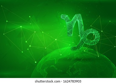 Capricorn horoscope symbol over a polygonal planet, on a green background. global data calculation