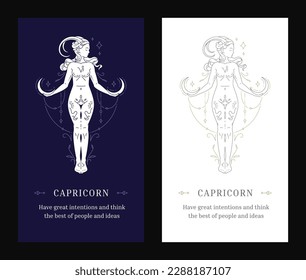 Capricorn horoscope zodiac antique woman goddess line art deco poster design template set vector illustration. Astrological female ancient horned goat lunar calendar symbol future prediction