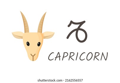 Capricorn horoscope zodiac sign with symbol and inscription. Goat head cartoon style