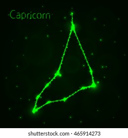 Capricorn Illustration Icon, Lights Silhouette on Dark Background. Glowing Lines and Points