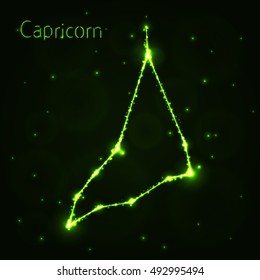Capricorn Illustration Icon, Lights Silhouette on Dark Background. Glowing Lines and Points